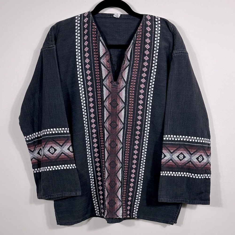 Handmade Guatemalan Cotton Gray Embroidered Boho Ethnic Blouse Aztec Women Large